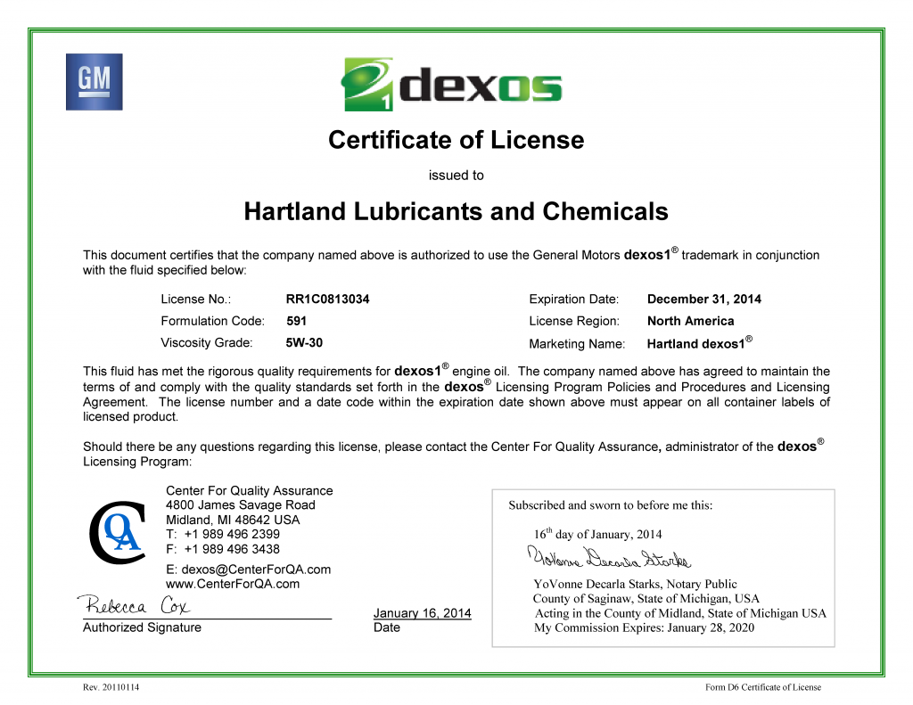 2014 Hartland Lubricants RR1C0813034 D6 d1 591 Certificate of License